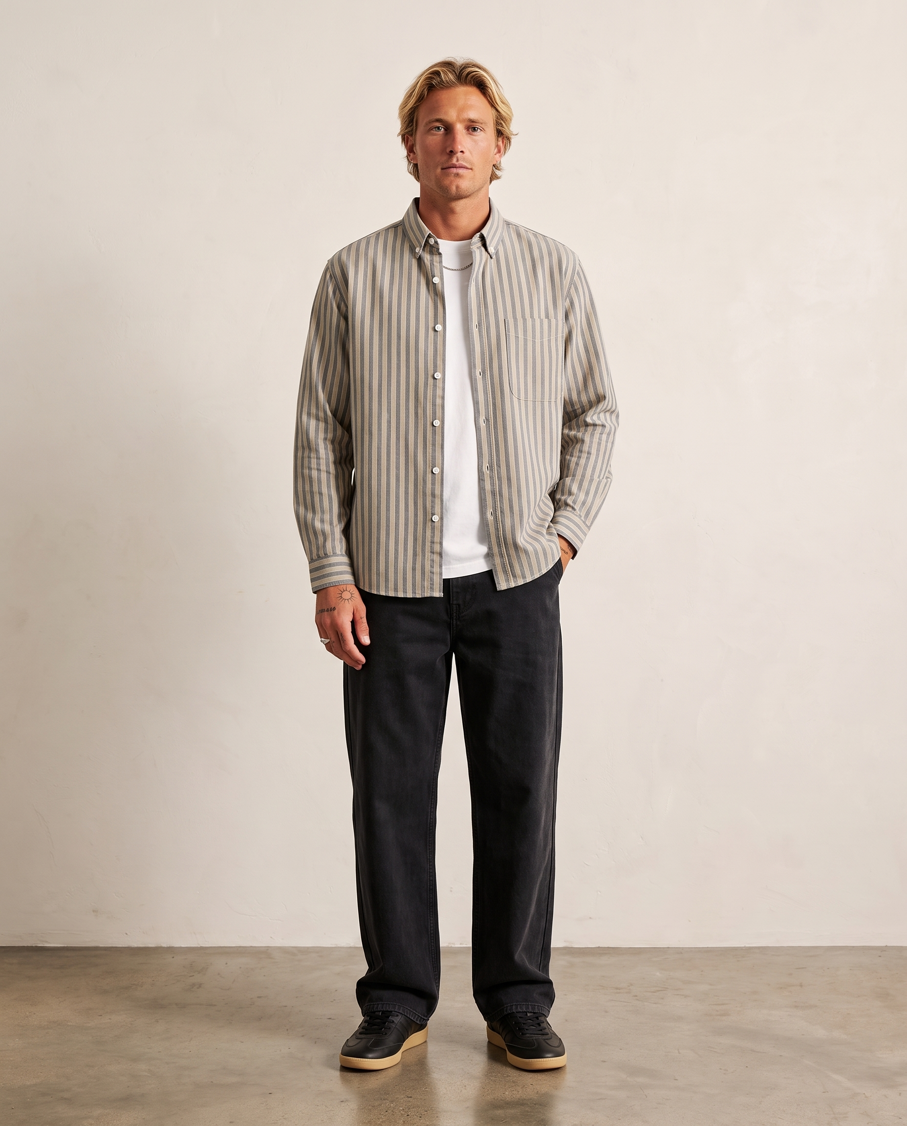 Hipland Printed Stripe Cotton Overshirt Grey front