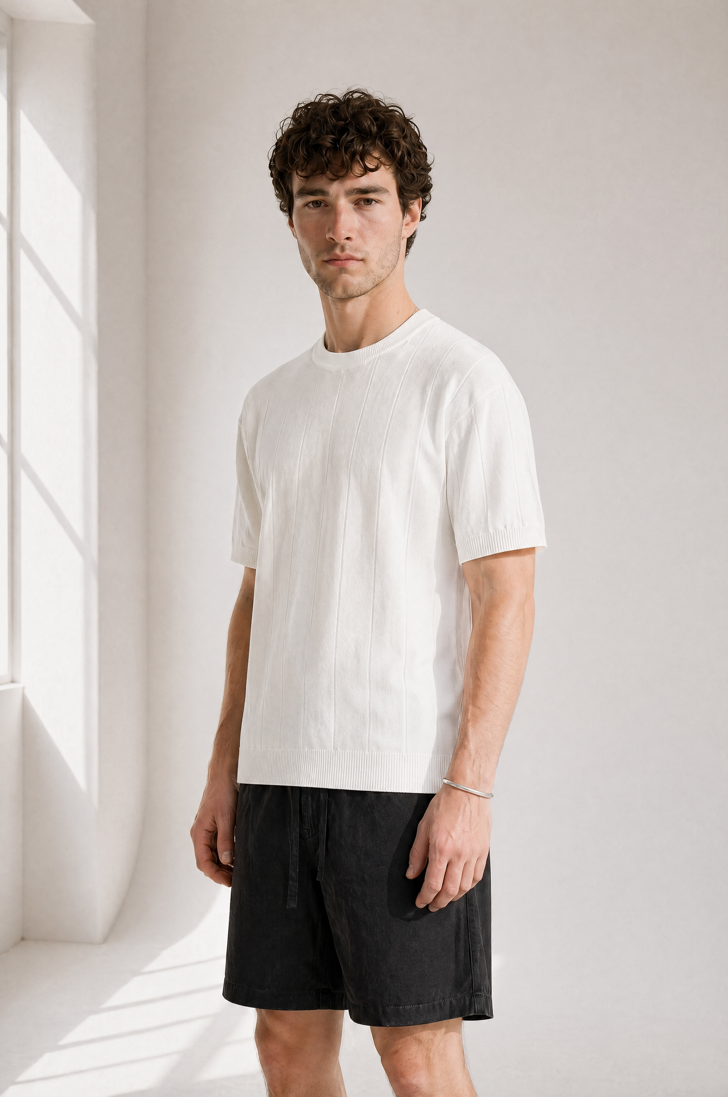 Slub Knit Tee - White - side view