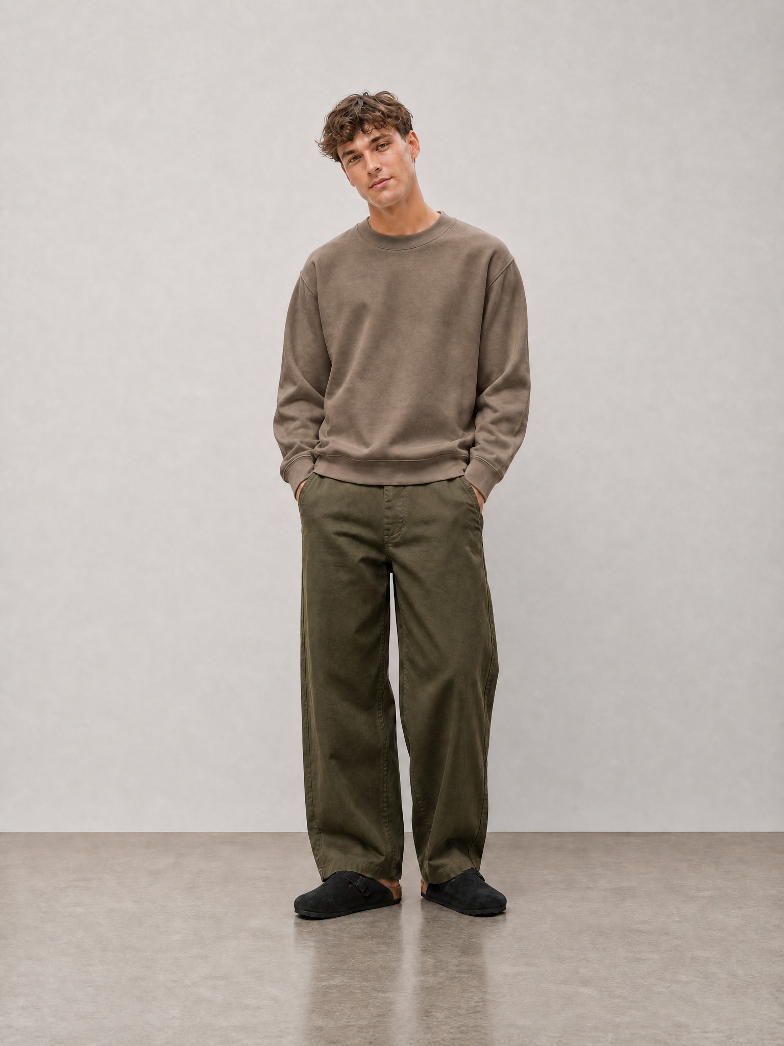 Relaxed Crewneck Sweatshirt - Dark Khaki - front view