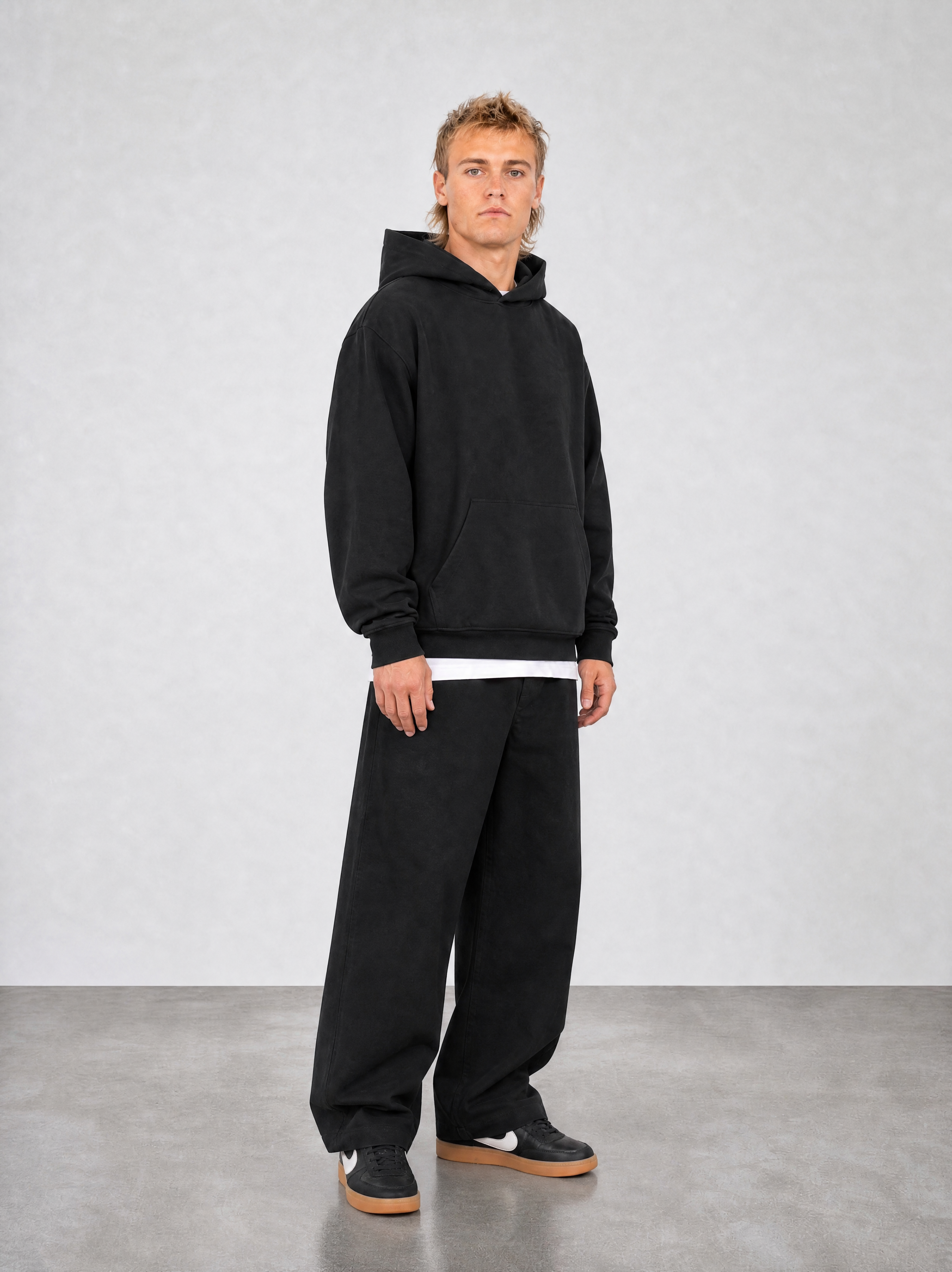 Brushed Fleece Hoodie Black - Three Quarter Front View