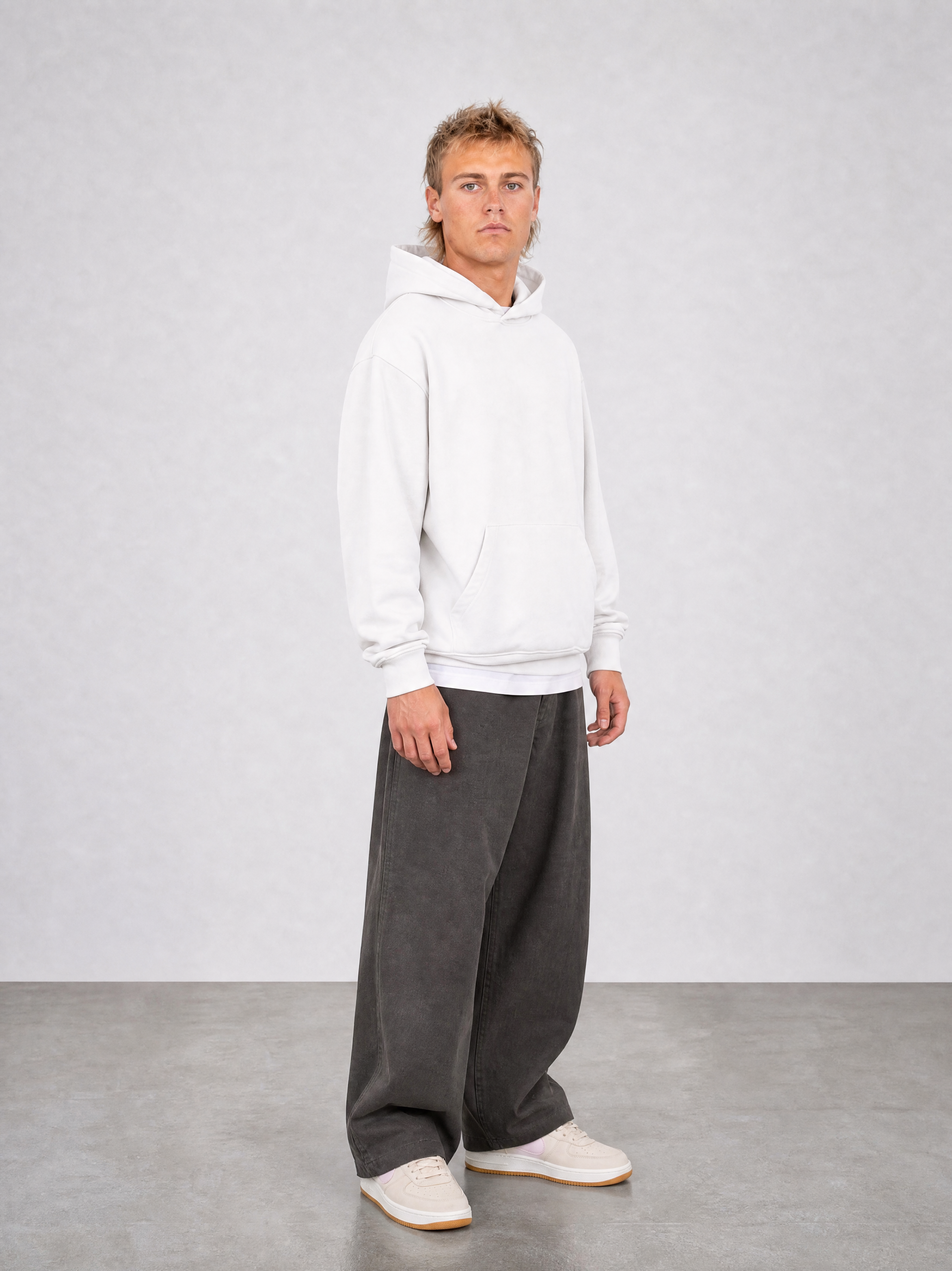 Brushed Fleece Hoodie White - Three Quarter Front View