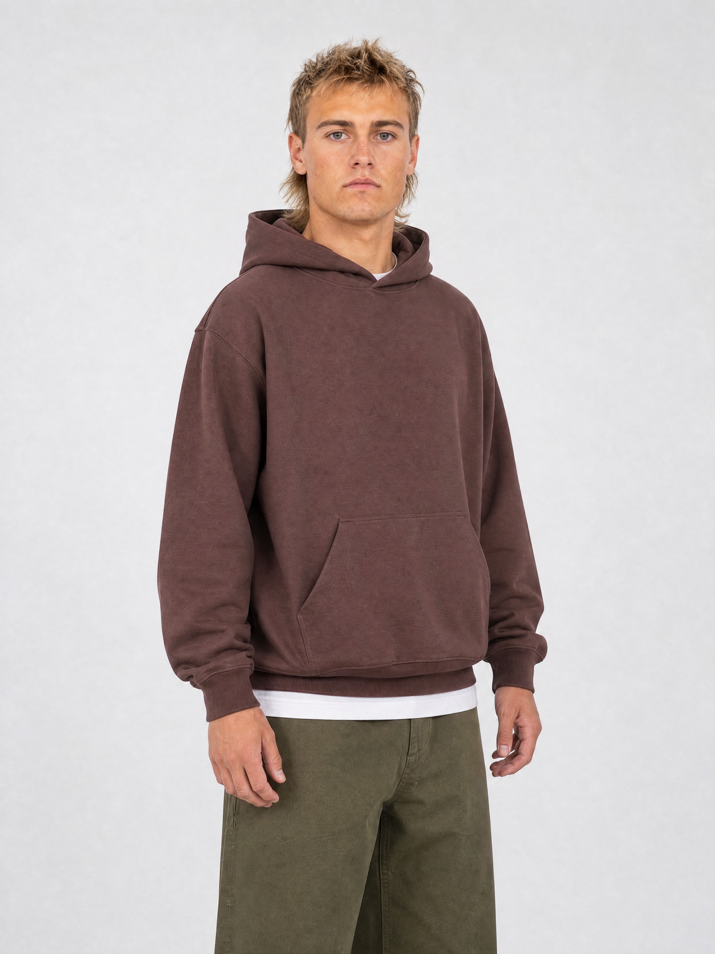 Brushed Fleece Hoodie Coffee - Three Quarter Front View