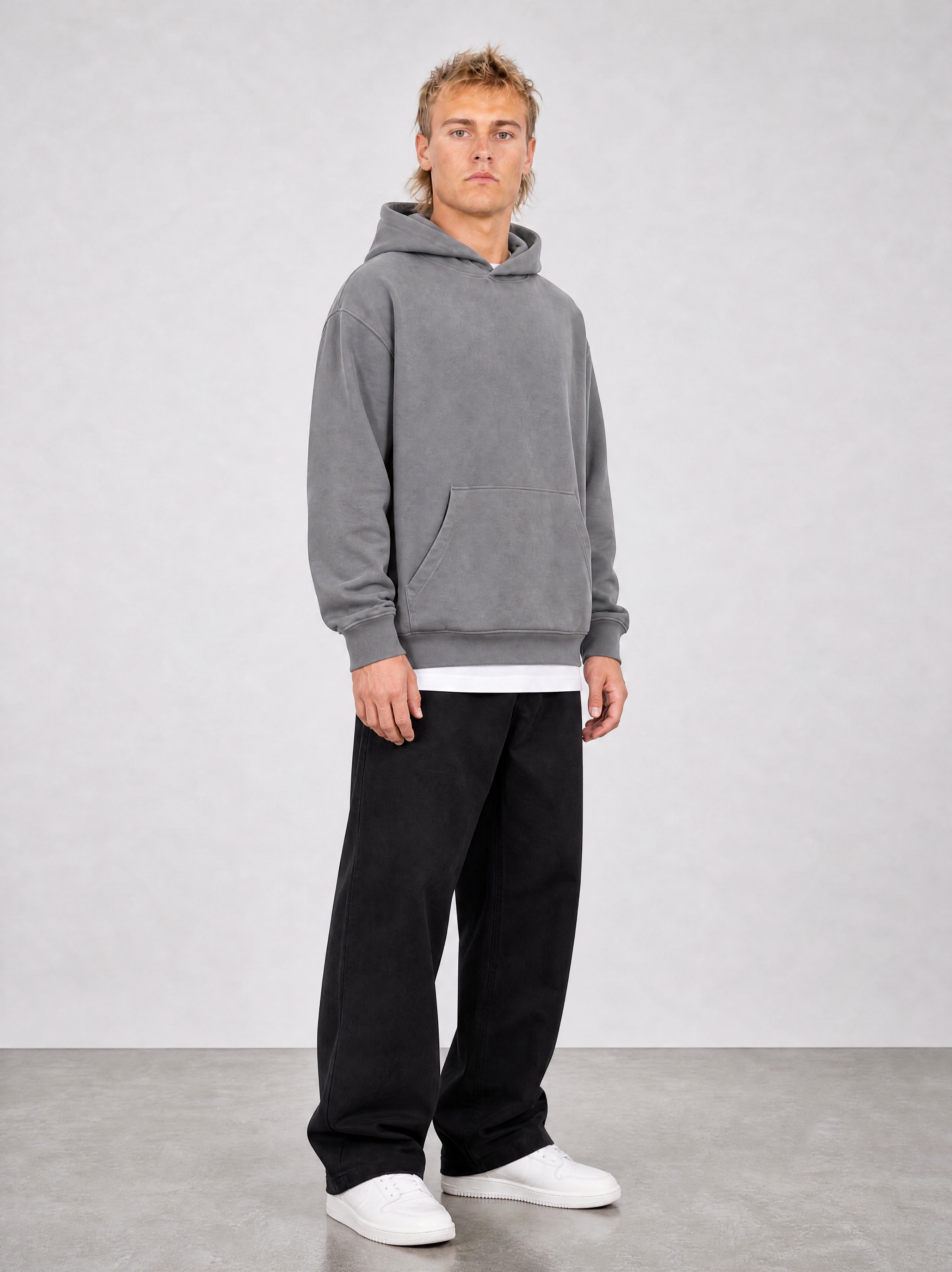Brushed Fleece Hoodie Grey - Three Quarter Back View