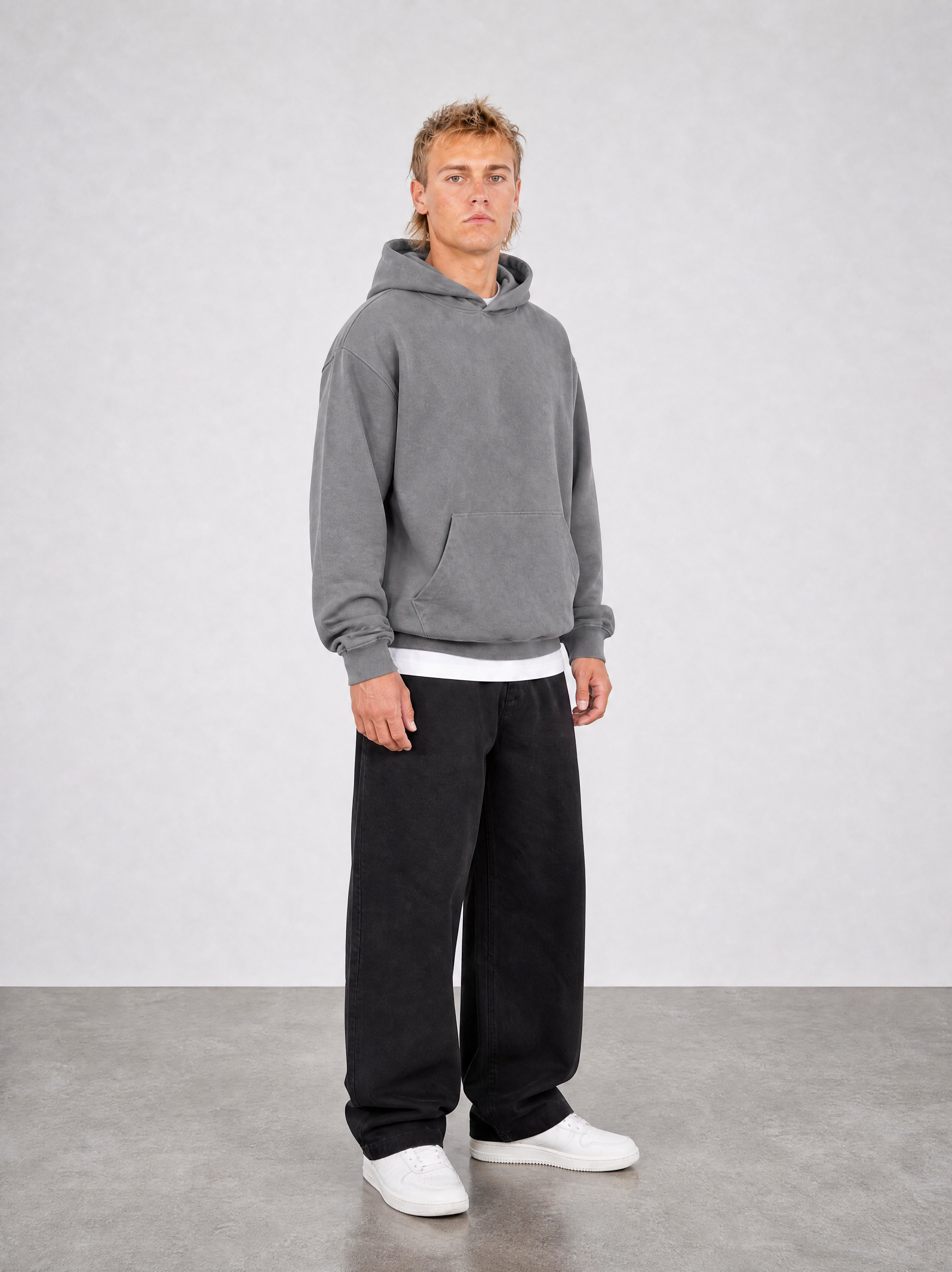 Brushed Fleece Hoodie Grey - Three Quarter Front View