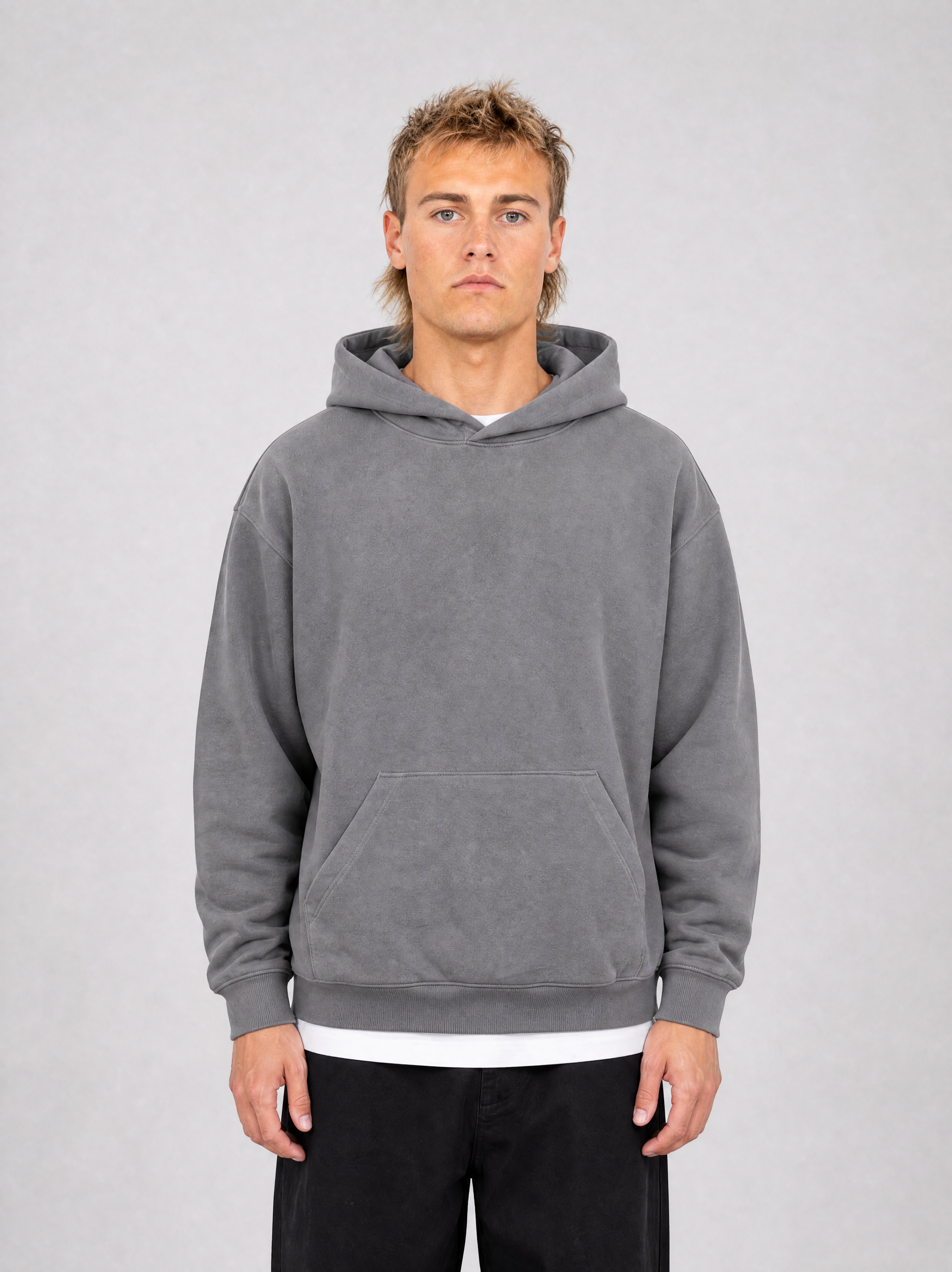 Brushed Fleece Hoodie Grey - Front Close Up View