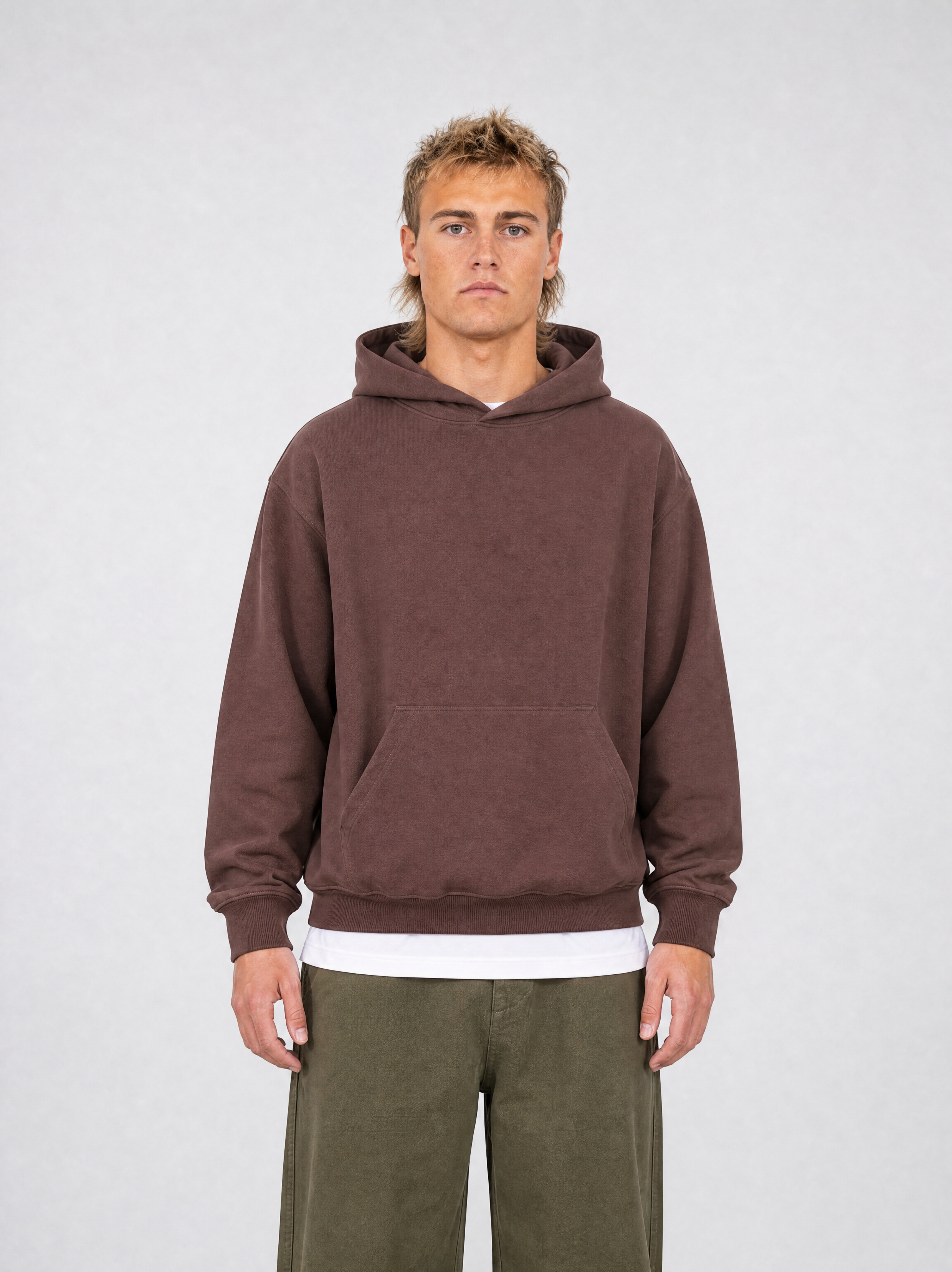 Brushed Fleece Hoodie Coffee - Front Close Up View