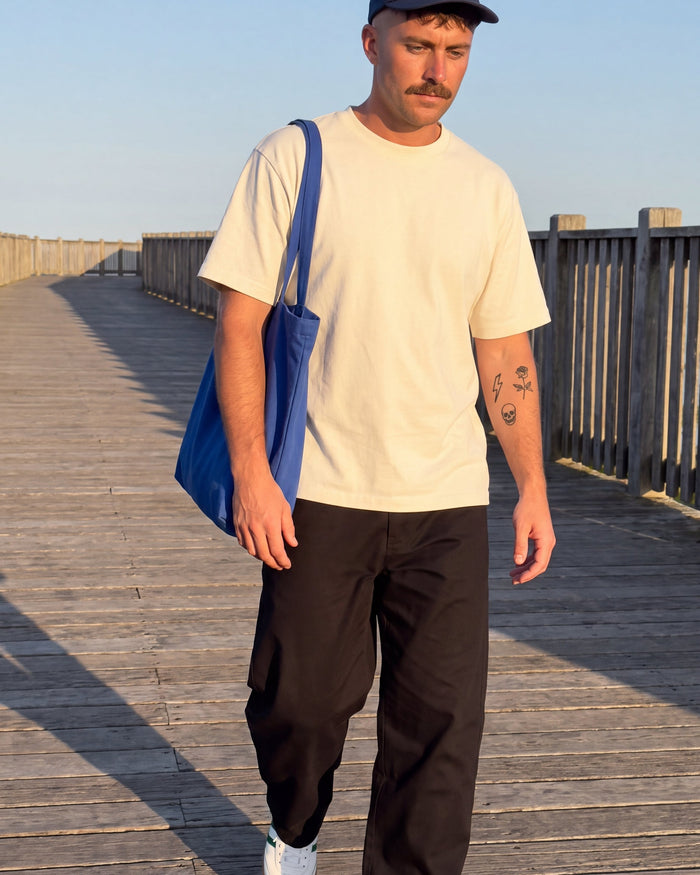 Echo Barrel Leg Pants worn on the boardwalk