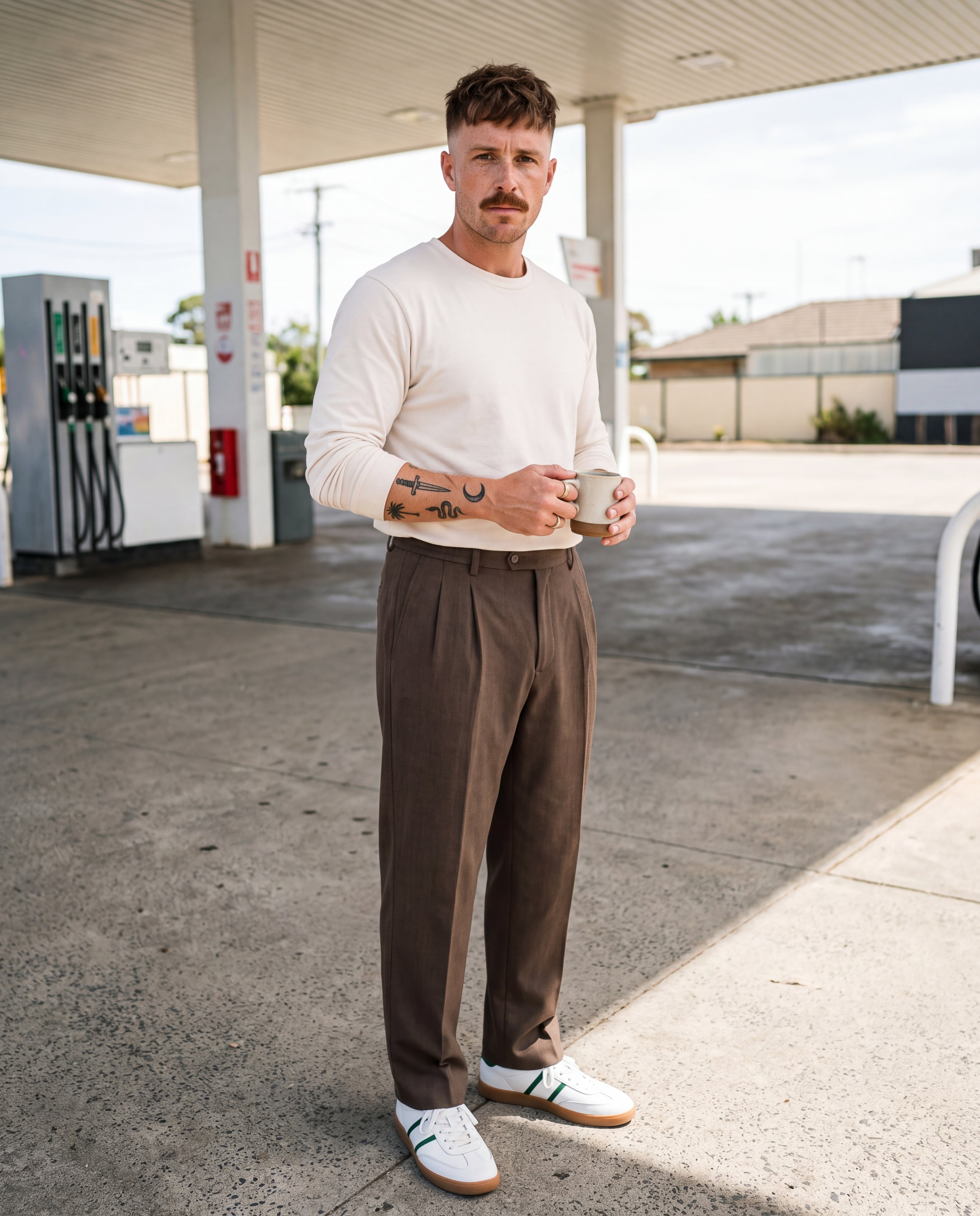 Pleated Heathered Wide-Leg Trousers - Coffee, Coffee, worn