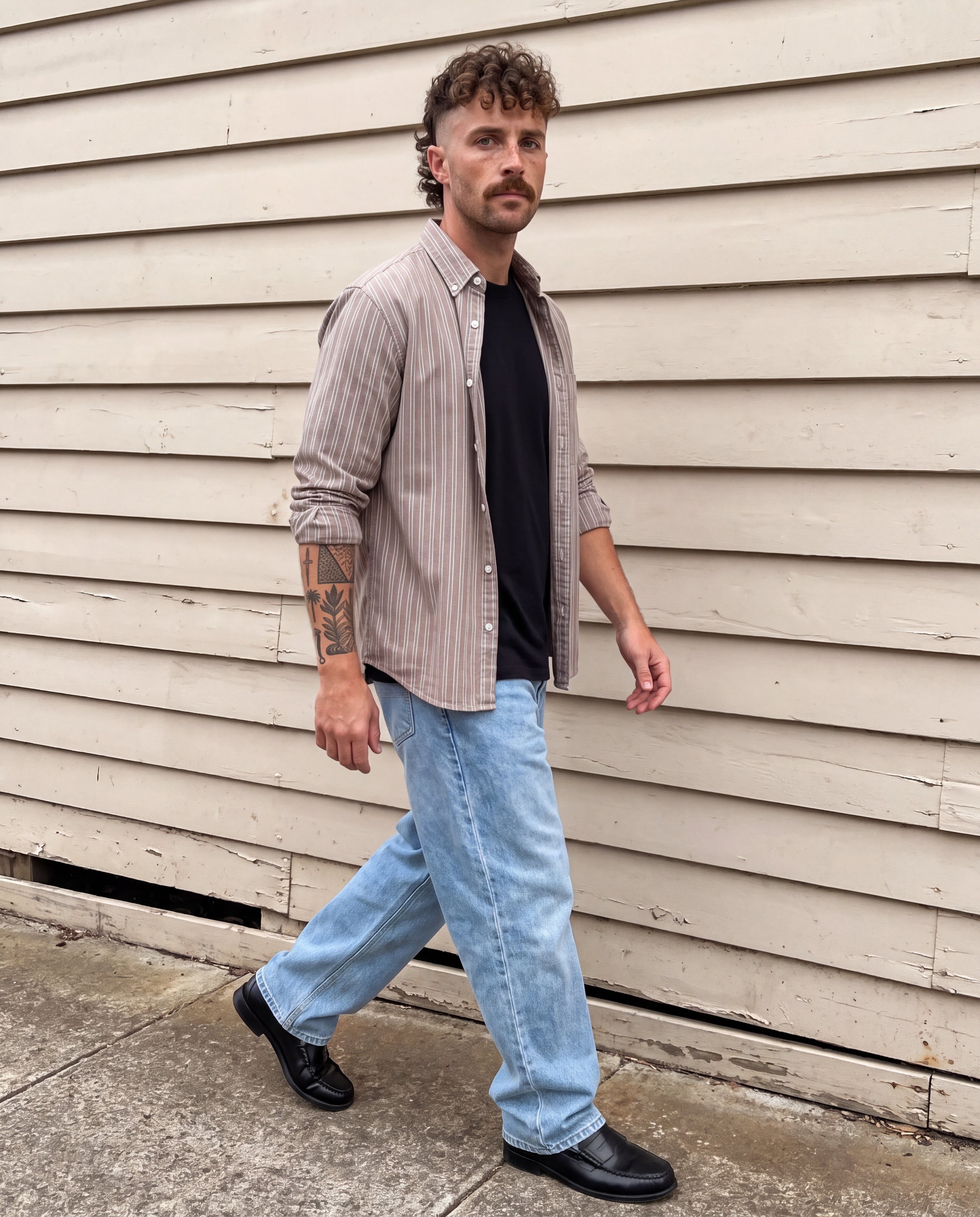 Printed Stripe Cotton Overshirt - Coffee, Coffee, worn