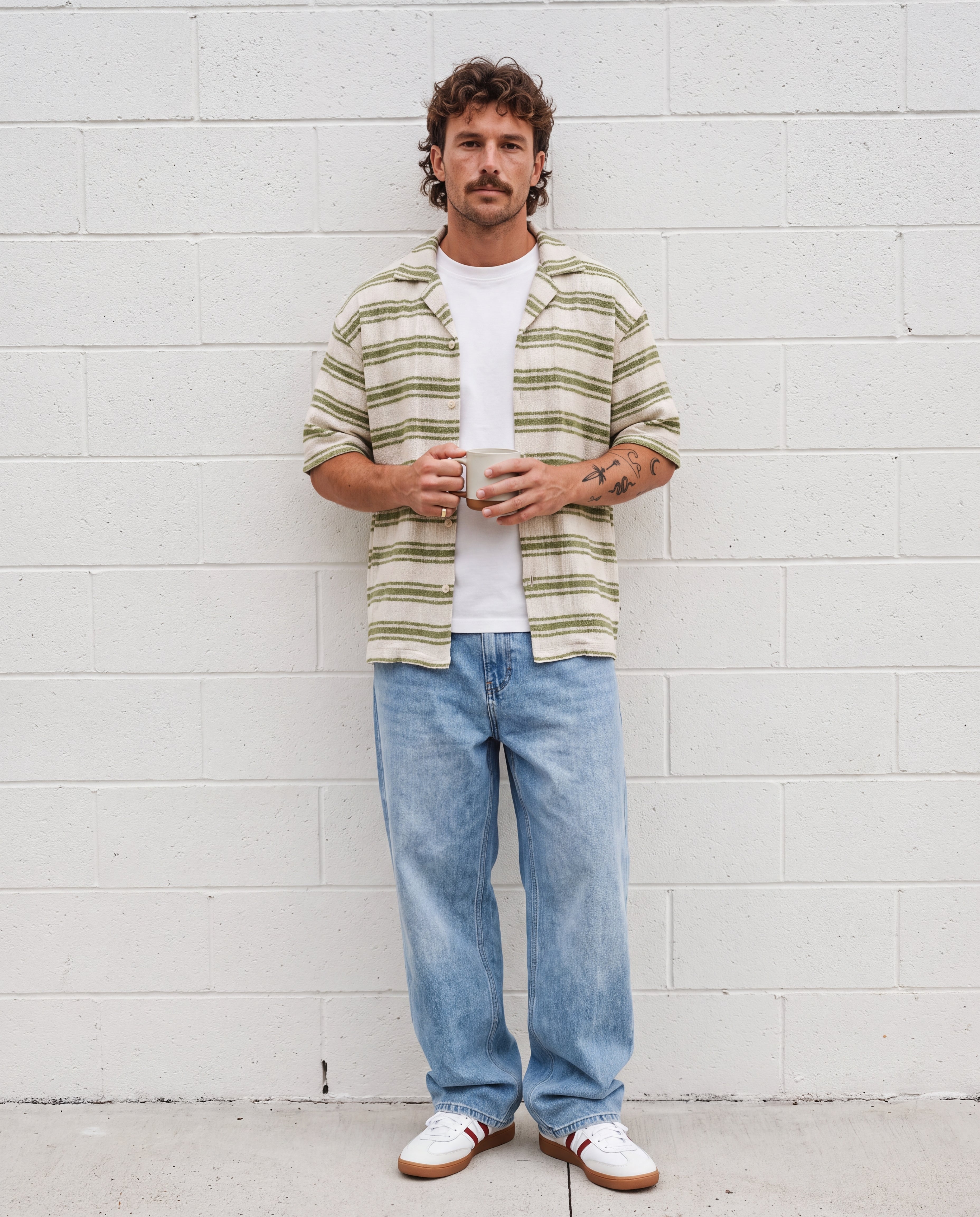 Textured Stripe Resort Shirt - Olive Stripe, Olive Stripe, worn