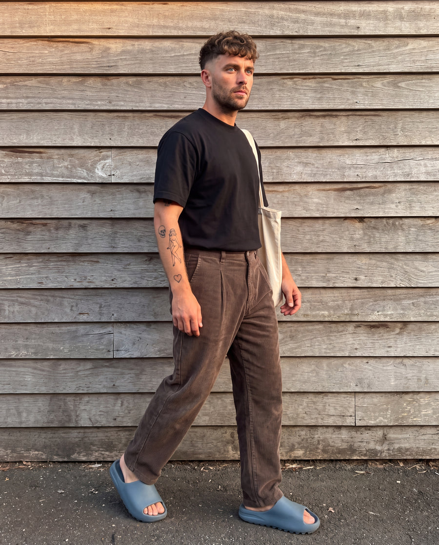 Washed Corduroy Wide-Leg Trousers - Coffee