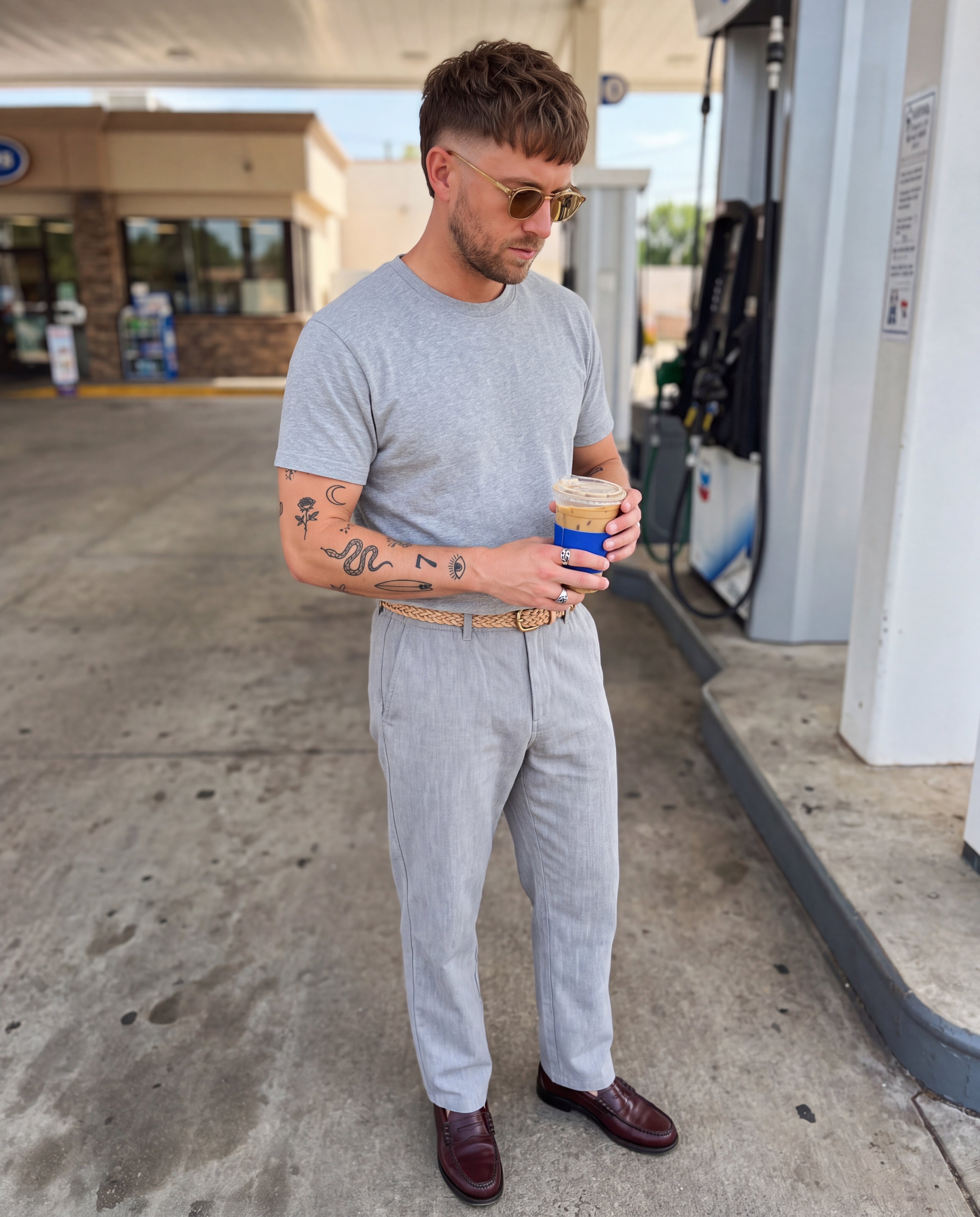 Washed Cotton Straight-Leg Trousers - Light Grey, Light Grey, worn