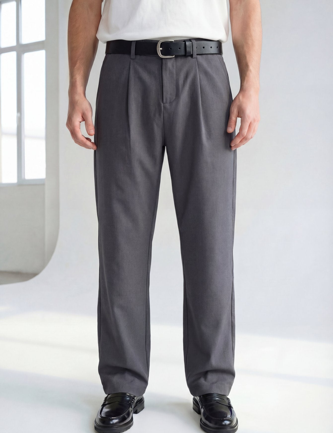 Hipland Pleated Kyoto Trousers Charcoal front