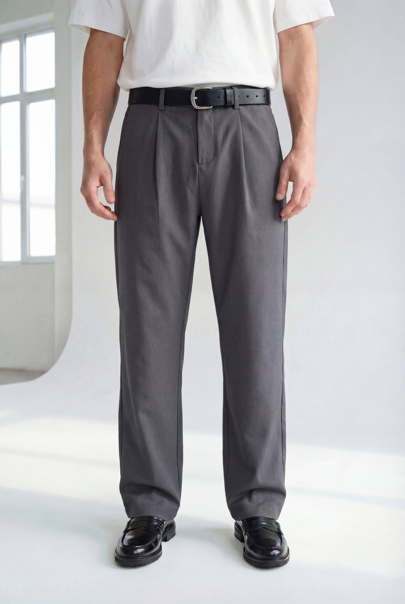 Hipland Pleated Kyoto Trousers Charcoal front