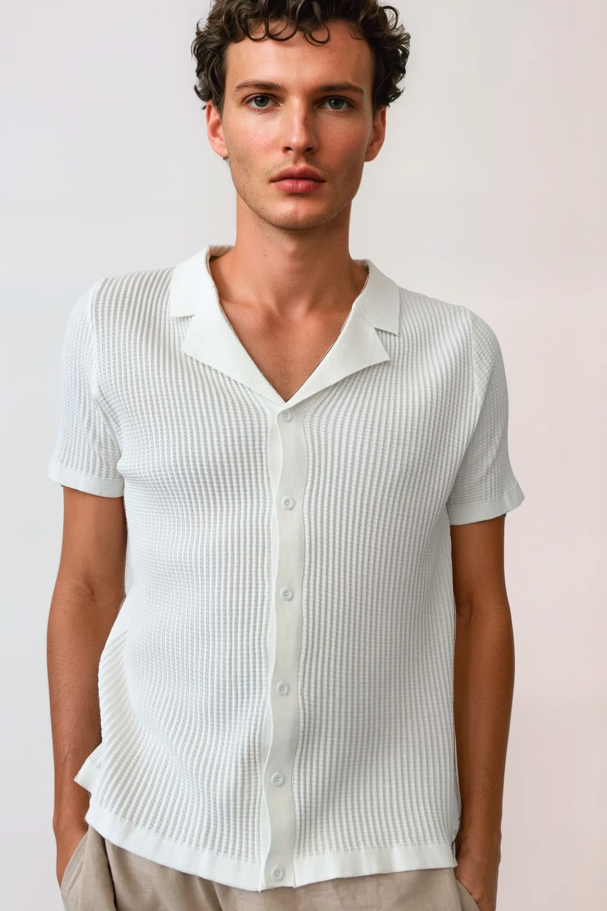 Waffle Knit Button Down - White