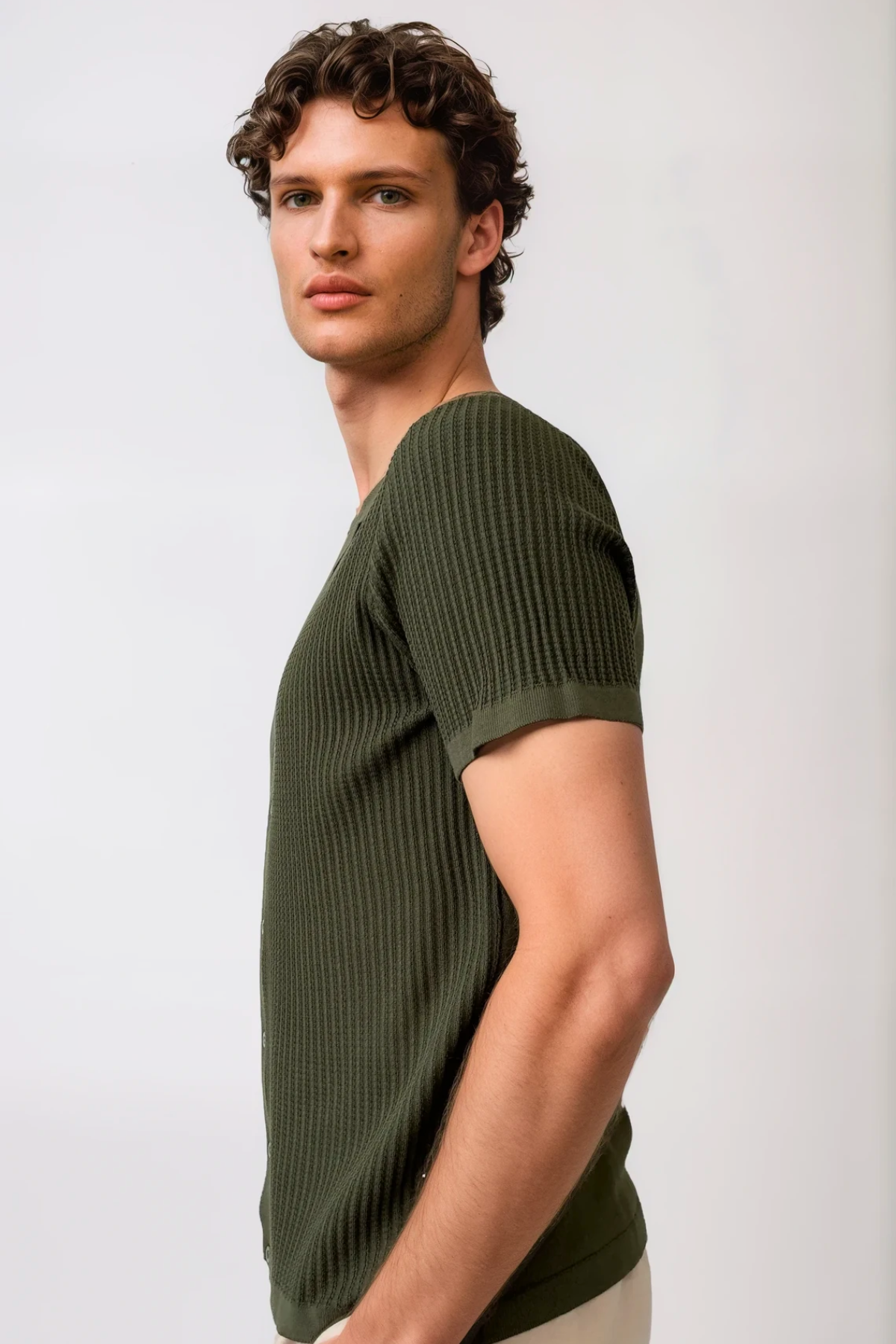 Waffle Knit Button Down - Green