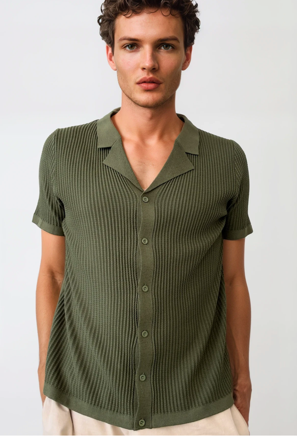 Waffle Knit Button Down - Green