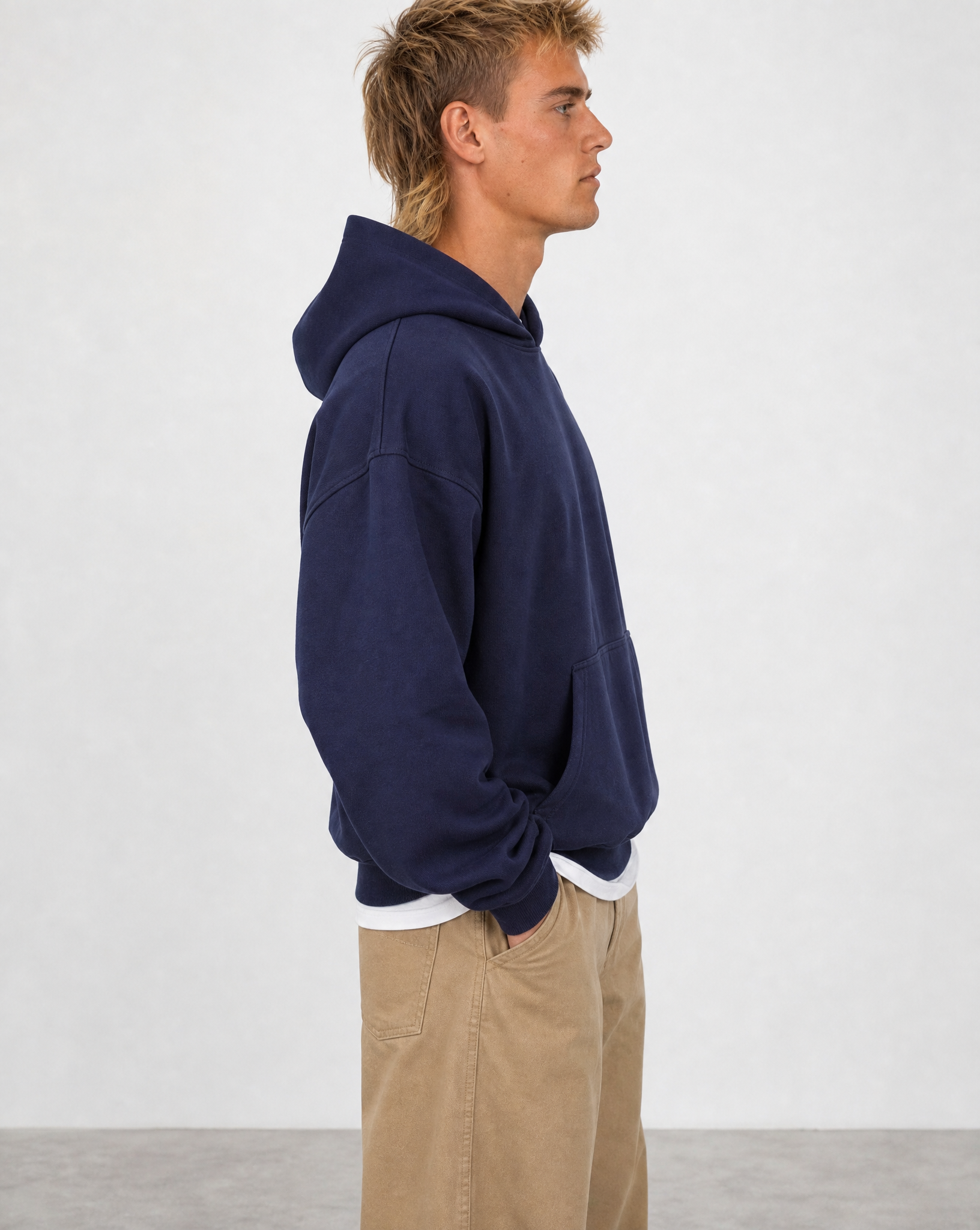 Brushed Fleece Hoodie Navy - Side View