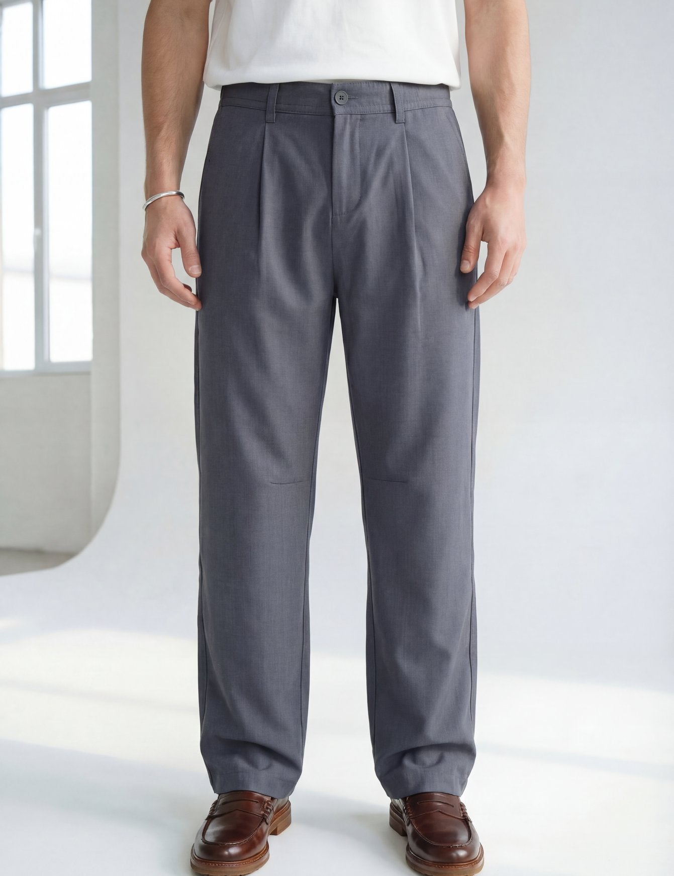 Hipland Studio Pleat Trousers Slate Grey front